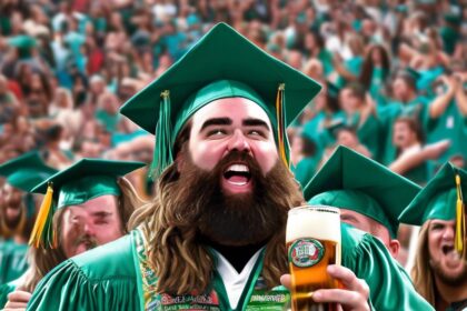 Jason Kelce stands up for brother Travis after he chugs beer at 'New Heights' graduation ceremony