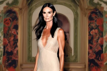 Demi Moore Stuns in Lace Slip Dress with Pup Pilaf at Gucci Cruise Fashion Show