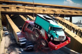 Shocking footage captures terrifying truck crash on Louisville bridge, leaving the vehicle hanging precariously off the edge