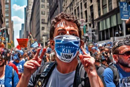 Protester wearing mask displays 'Kill Hostages Now' sign at Israel Day parade in NYC